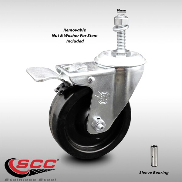 4 Inch SS Phenolic 10mm Threaded Stem Caster with Total Lock Brake SCC